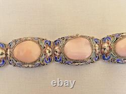 Vintage Chinese Rose Quartz Blue Enamel, Filigree Work Sterling Silver Bracelet