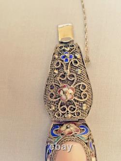 Vintage Chinese Rose Quartz Blue Enamel, Filigree Work Sterling Silver Bracelet