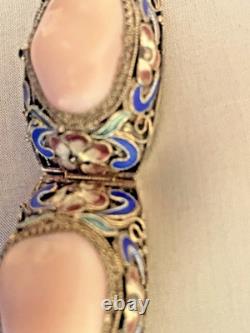 Vintage Chinese Rose Quartz Blue Enamel, Filigree Work Sterling Silver Bracelet
