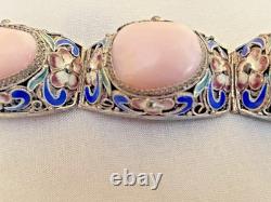 Vintage Chinese Rose Quartz Blue Enamel, Filigree Work Sterling Silver Bracelet Vintage Chinese Rose Quartz Blue Enamel, Filigree Work Sterling Silver Bracelet