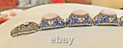Vintage Chinese Rose Quartz Blue Enamel, Filigree Work Sterling Silver Bracelet Vintage Chinese Rose Quartz Blue Enamel, Filigree Work Sterling Silver Bracelet