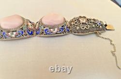 Vintage Chinese Rose Quartz Blue Enamel, Filigree Work Sterling Silver Bracelet