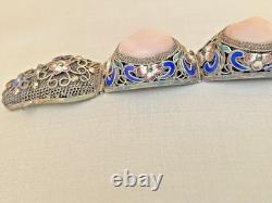 Vintage Chinese Rose Quartz Blue Enamel, Filigree Work Sterling Silver Bracelet