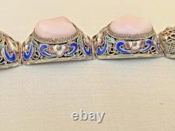 Vintage Chinese Rose Quartz Blue Enamel, Filigree Work Sterling Silver Bracelet