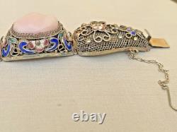 Vintage Chinese Rose Quartz Blue Enamel, Filigree Work Sterling Silver Bracelet