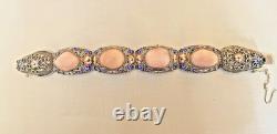 Vintage Chinese Rose Quartz Blue Enamel, Filigree Work Sterling Silver Bracelet Vintage Chinese Rose Quartz Blue Enamel, Filigree Work Sterling Silver Bracelet