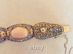 Vintage Chinese Rose Quartz Blue Enamel, Filigree Work Sterling Silver Bracelet