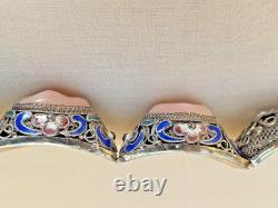 Vintage Chinese Rose Quartz Blue Enamel, Filigree Work Sterling Silver Bracelet