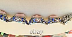 Vintage Chinese Rose Quartz Blue Enamel, Filigree Work Sterling Silver Bracelet