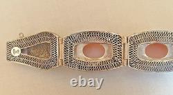Vintage Chinese Rose Quartz Blue Enamel, Filigree Work Sterling Silver Bracelet