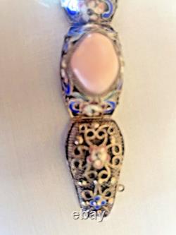 Vintage Chinese Rose Quartz Blue Enamel, Filigree Work Sterling Silver Bracelet