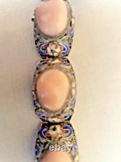 Vintage Chinese Rose Quartz Blue Enamel, Filigree Work Sterling Silver Bracelet