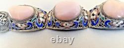 Vintage Chinese Rose Quartz Blue Enamel, Filigree Work Sterling Silver Bracelet