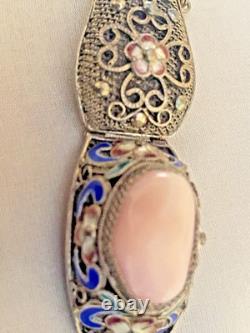 Vintage Chinese Rose Quartz Blue Enamel, Filigree Work Sterling Silver Bracelet