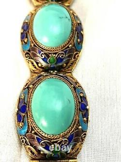 Vintage Chinese Silver Bracelet Gold Wash Natural Persian Turquoise & Enamel