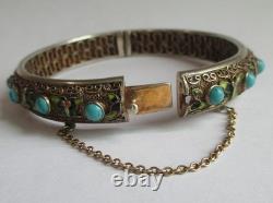 Vintage Chinese Sterling Silver Enamel Turquoise Hinged Bangle Braclet Export