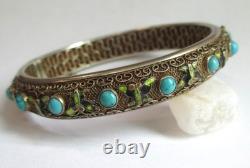 Vintage Chinese Sterling Silver Enamel Turquoise Hinged Bangle Braclet Export