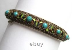 Vintage Chinese Sterling Silver Enamel Turquoise Hinged Bangle Braclet Export