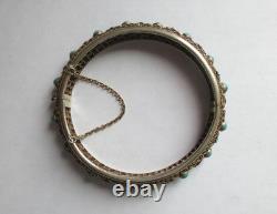 Vintage Chinese Sterling Silver Enamel Turquoise Hinged Bangle Braclet Export