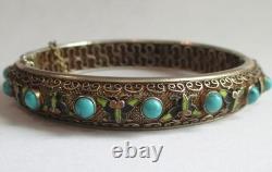 Vintage Chinese Sterling Silver Enamel Turquoise Hinged Bangle Braclet Export