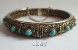 Vintage Chinese Sterling Silver Enamel Turquoise Hinged Bangle Braclet Export