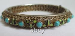 Vintage Chinese Sterling Silver Enamel Turquoise Hinged Bangle Braclet Export