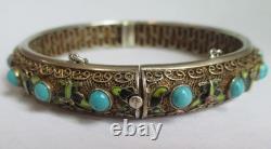 Vintage Chinese Sterling Silver Enamel Turquoise Hinged Bangle Braclet Export