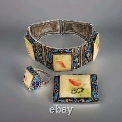 Vintage Chinese Sterling Silver Filigree Blue Enamel Bracelet Ring Brooch Set