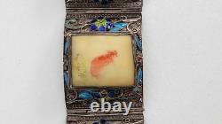 Vintage Chinese Sterling Silver Filigree Blue Enamel Bracelet Ring Brooch Set