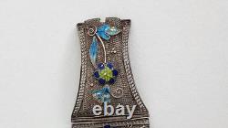 Vintage Chinese Sterling Silver Filigree Blue Enamel Bracelet Ring Brooch Set