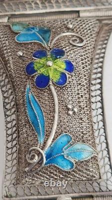 Vintage Chinese Sterling Silver Filigree Blue Enamel Bracelet Ring Brooch Set