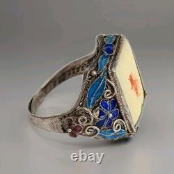 Vintage Chinese Sterling Silver Filigree Blue Enamel Bracelet Ring Brooch Set