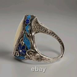 Vintage Chinese Sterling Silver Filigree Blue Enamel Bracelet Ring Brooch Set
