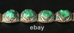 Vintage Chinese Sterling Silver Filigree Blue Enamel Malachite Bracelet