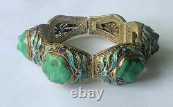 Vintage Chinese Sterling Silver Filigree Blue Enamel Malachite Bracelet