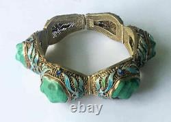 Vintage Chinese Sterling Silver Filigree Blue Enamel Malachite Bracelet