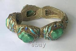 Vintage Chinese Sterling Silver Filigree Blue Enamel Malachite Bracelet