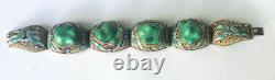 Vintage Chinese Sterling Silver Filigree Blue Enamel Malachite Bracelet