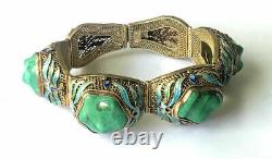 Vintage Chinese Sterling Silver Filigree Blue Enamel Malachite Bracelet