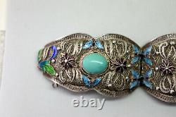 Vintage Chinese Sterling Silver and Turquoise Enamel Filigree Bracelet