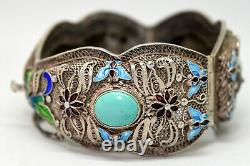 Vintage Chinese Sterling Silver and Turquoise Enamel Filigree Bracelet