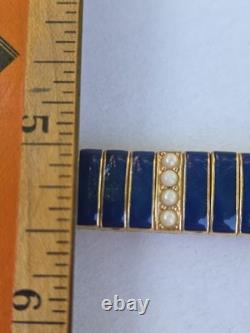Vintage Ciner Blue Enamel Faux Pearl Goldtone 7 Inch Bracelet