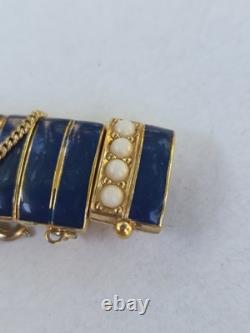 Vintage Ciner Blue Enamel Faux Pearl Goldtone 7 Inch Bracelet