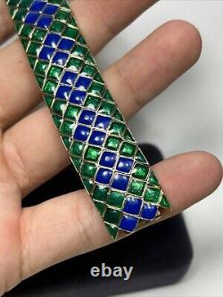 Vintage Ciner Gold Tone Blue & Green Enamel Harlequin Design Heavy Link Bracelet