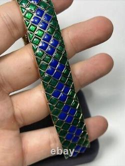 Vintage Ciner Gold Tone Blue & Green Enamel Harlequin Design Heavy Link Bracelet