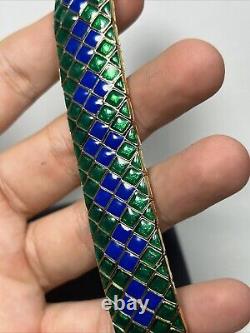 Vintage Ciner Gold Tone Blue & Green Enamel Harlequin Design Heavy Link Bracelet