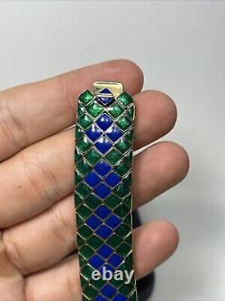 Vintage Ciner Gold Tone Blue & Green Enamel Harlequin Design Heavy Link Bracelet