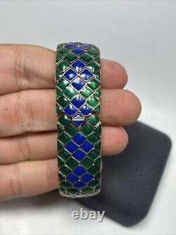 Vintage Ciner Gold Tone Blue & Green Enamel Harlequin Design Heavy Link Bracelet