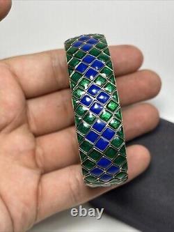 Vintage Ciner Gold Tone Blue & Green Enamel Harlequin Design Heavy Link Bracelet