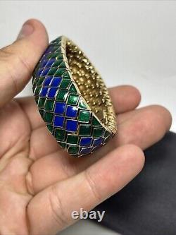 Vintage Ciner Gold Tone Blue & Green Enamel Harlequin Design Heavy Link Bracelet